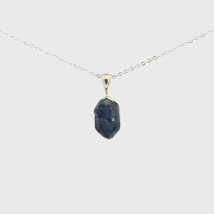 Raw Blue Sapphire Necklace Set in Sterling Silver