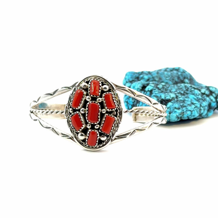 Red Coral Cluster Cuff Bracelet in Sterling Silver