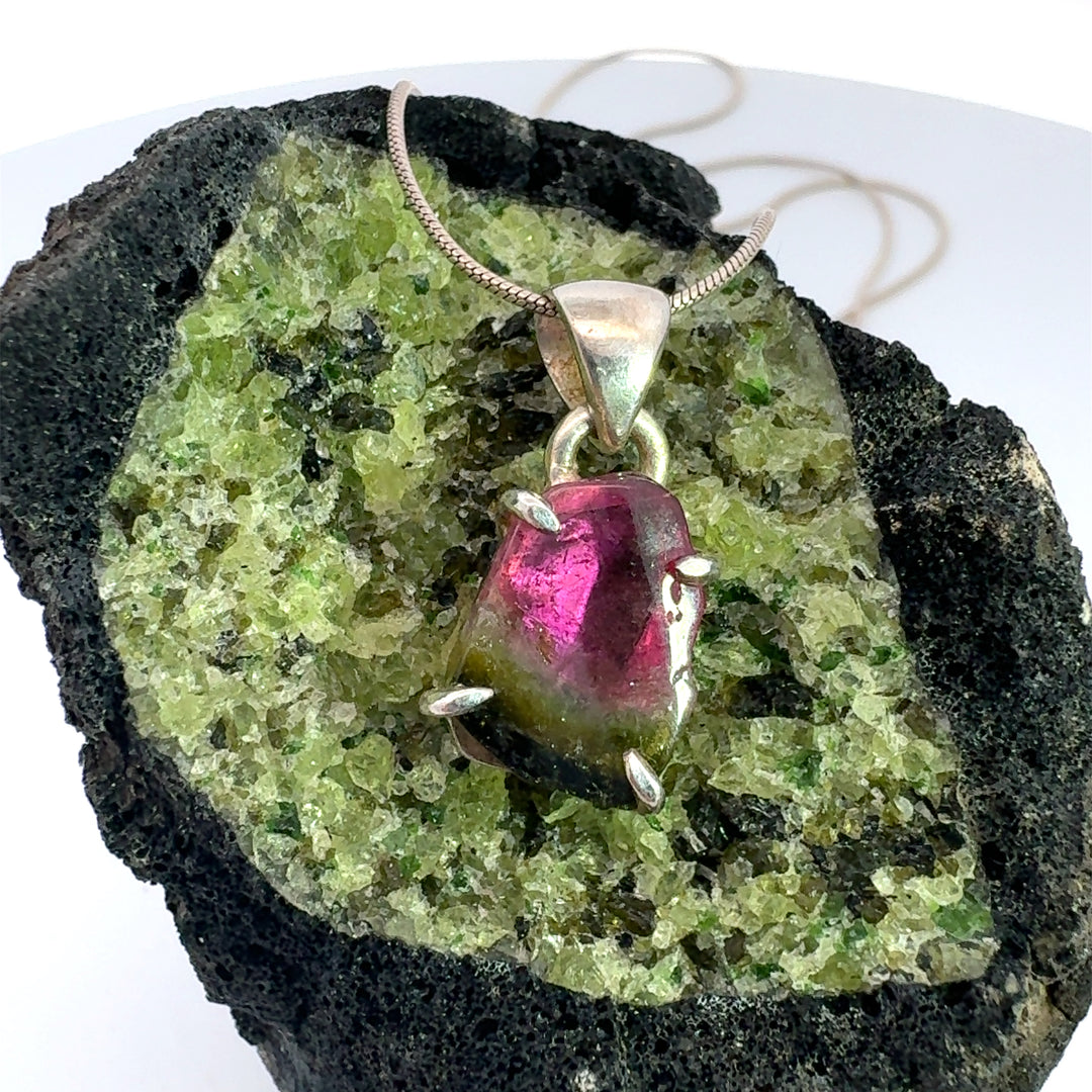 Watermelon Tourmaline Freeform Necklace in Sterling Silver