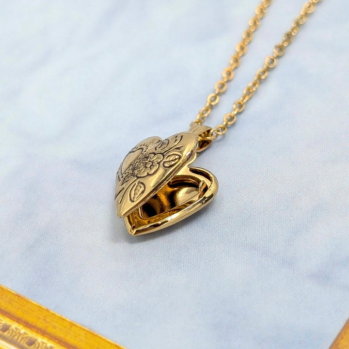 Floral Etched Gold Heart Locket Necklace in Gold Tone Metal