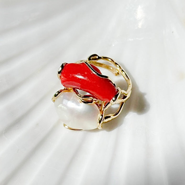 Red Coral & Pearl Adjustable Ring in Gold Over Sterling Silver