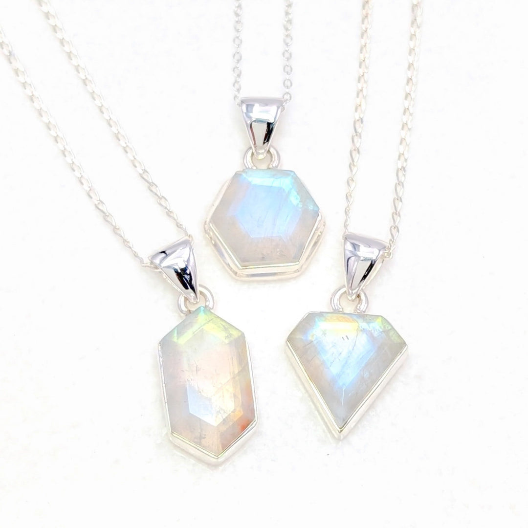 Faceted Bezel Set Rainbow Moonstone Necklace in Sterling Silver