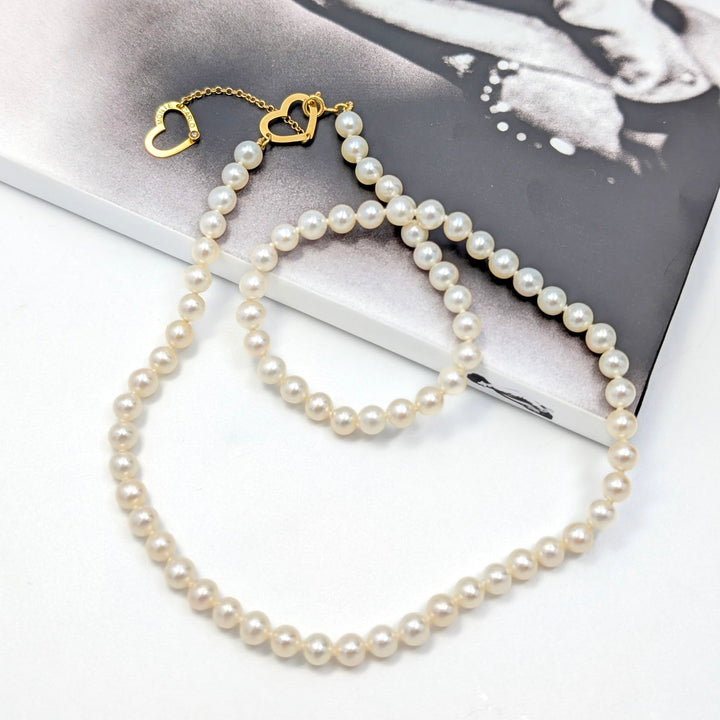 Cultured Pearl Necklace with Diamond Heart Clasp in 14k Yellow Gold