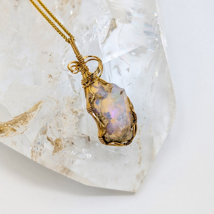 Gold-Filled Wire Wrapped Raw Ethiopian Opal Necklace on 14K Yellow Gold Chain
