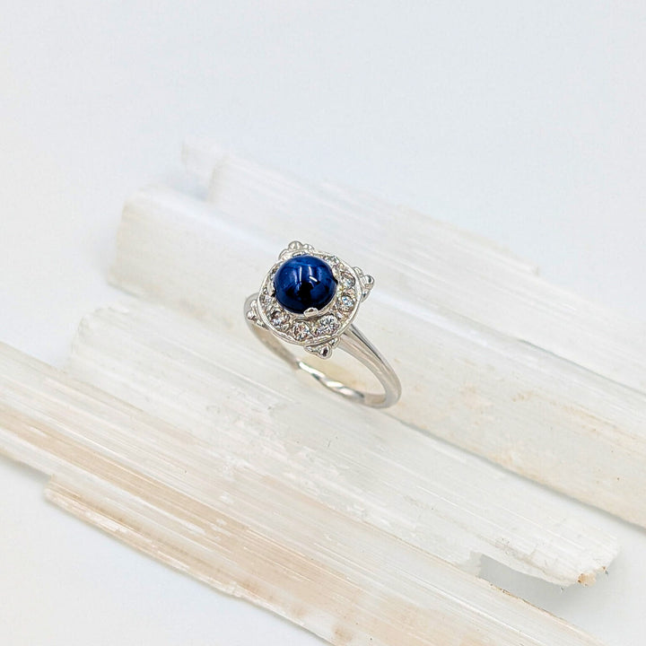 Vintage Star Blue Sapphire & Diamond Ring in 14K White Gold