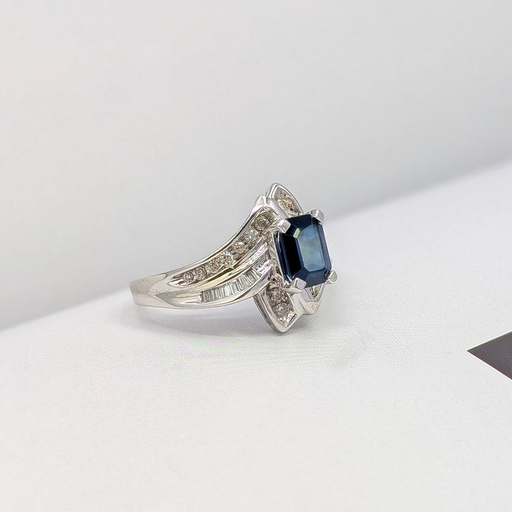 Vintage Blue Sapphire & Diamond Ring in 10K White Gold