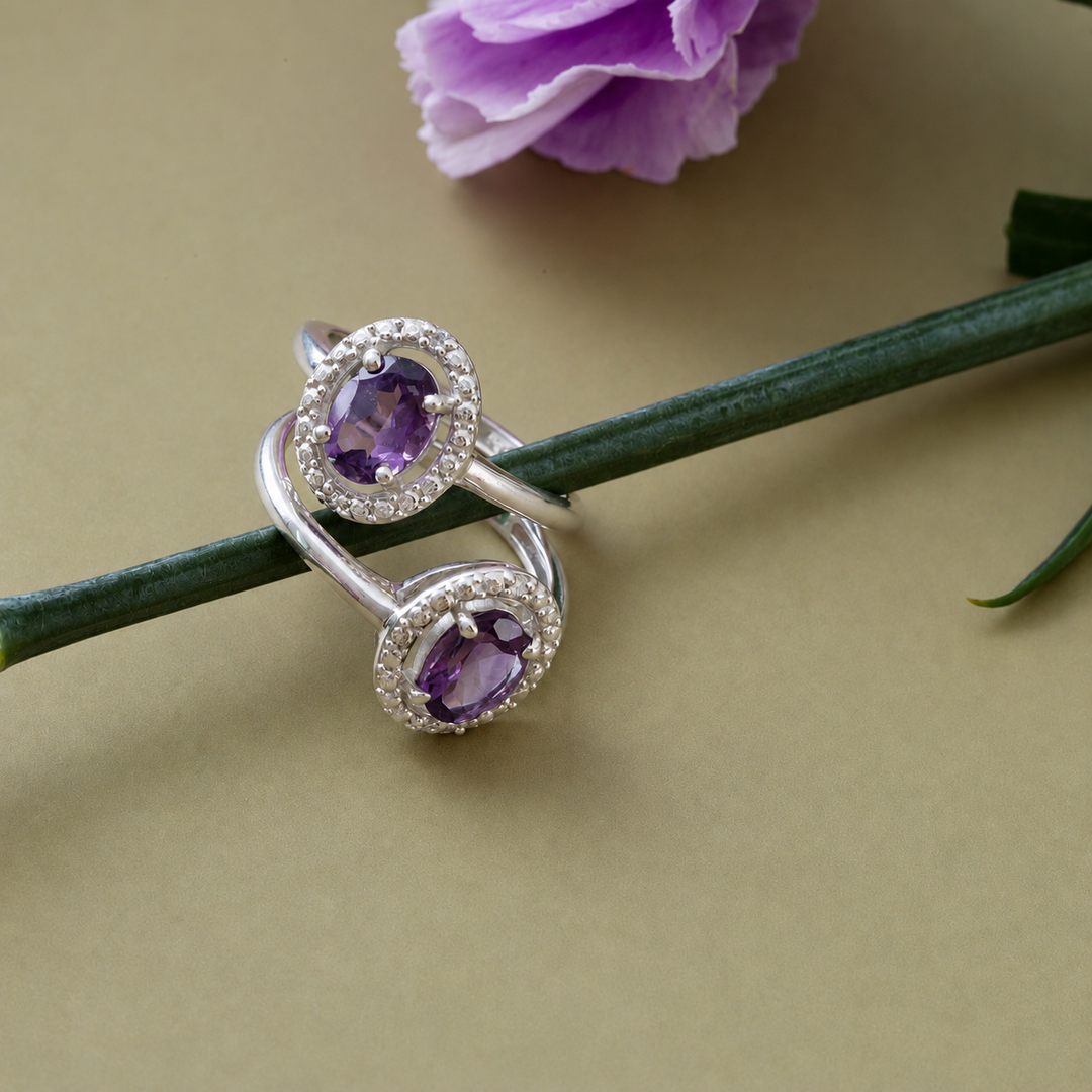 Amethyst & Lab Grown Diamond Ring in Sterling Silver