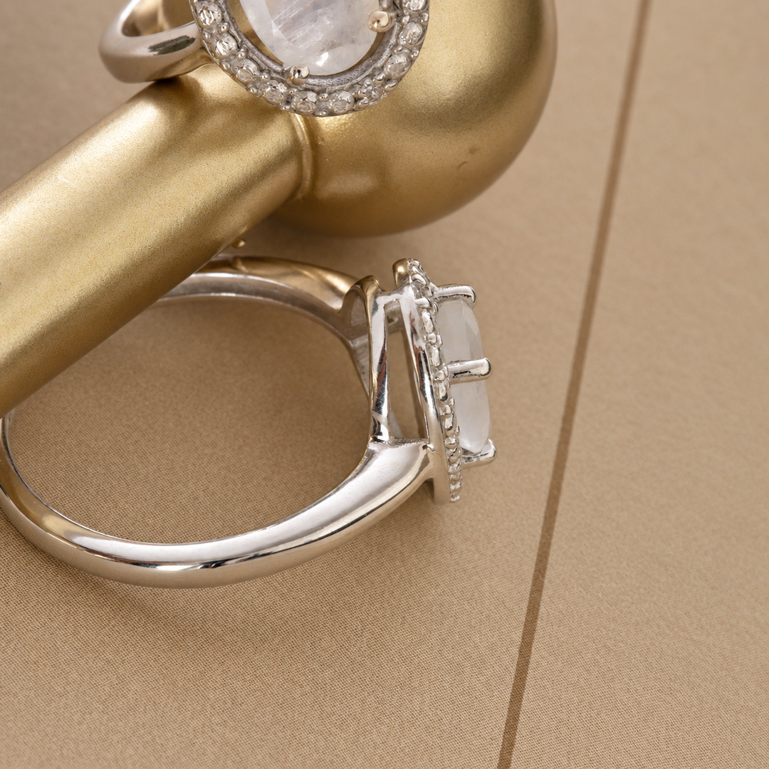 Moonstone & Lab Grown Diamond Ring in Sterling Silver