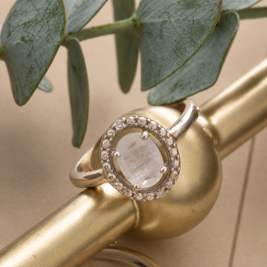 Moonstone & Lab Grown Diamond Ring in Sterling Silver