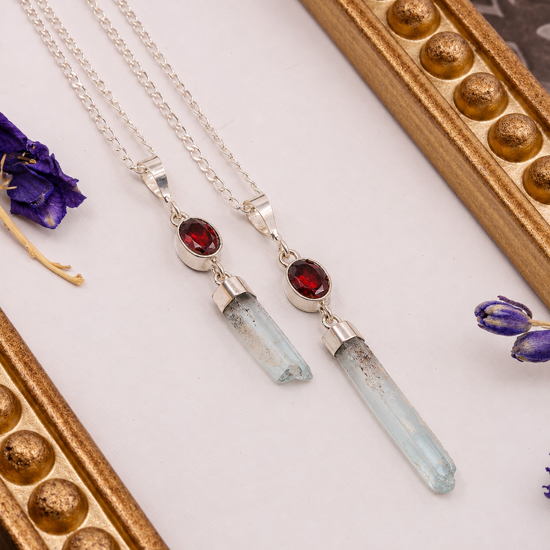 Garnet & Raw Aquamarine Necklace in Sterling Silver