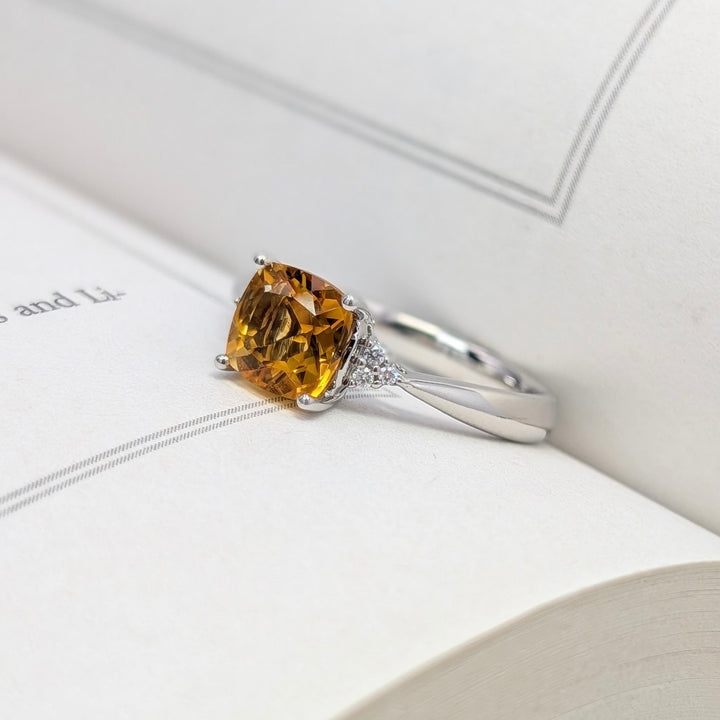 Vintage Cushion-Cut Citrine & Diamond Ring in 14K White Gold