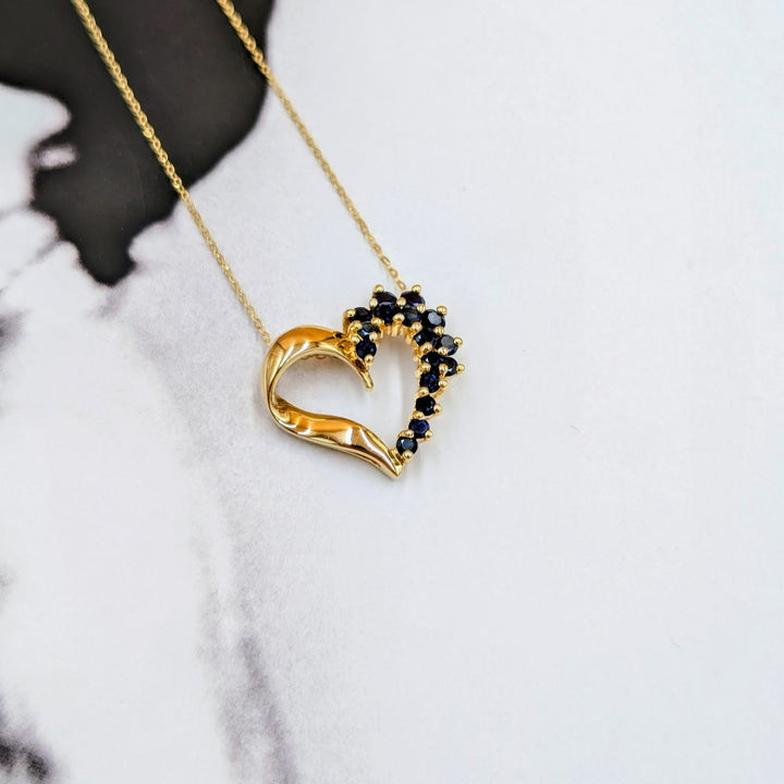 Vintage Blue Sapphire Heart Necklace Set in 14k Yellow Gold