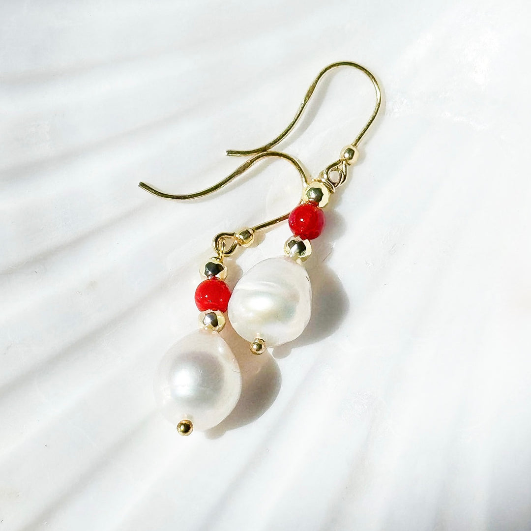 Red Coral & Pearl Dangle Earrings in Gold Over Sterling Silver