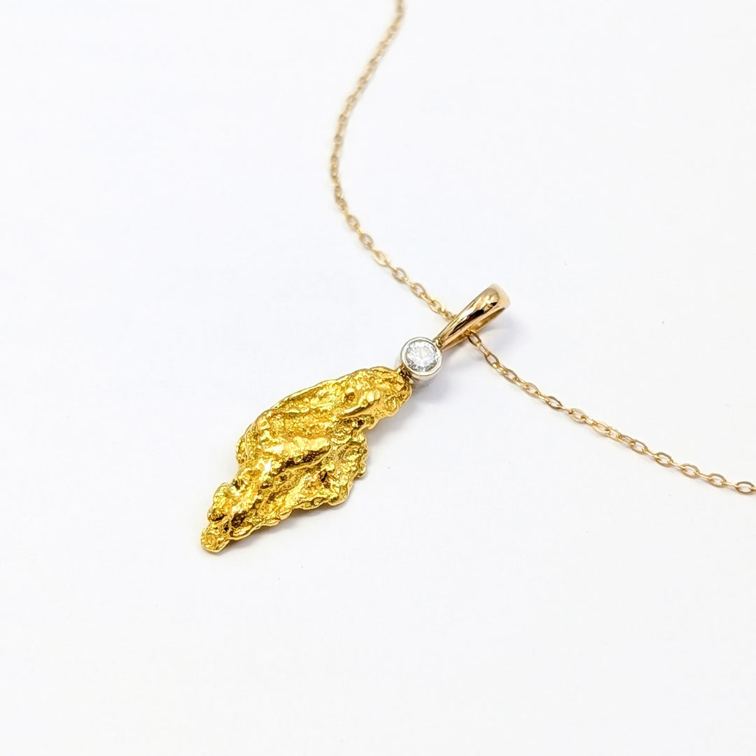 22K Natural Gold Nugget & Diamond Necklace in 14K Yellow Gold