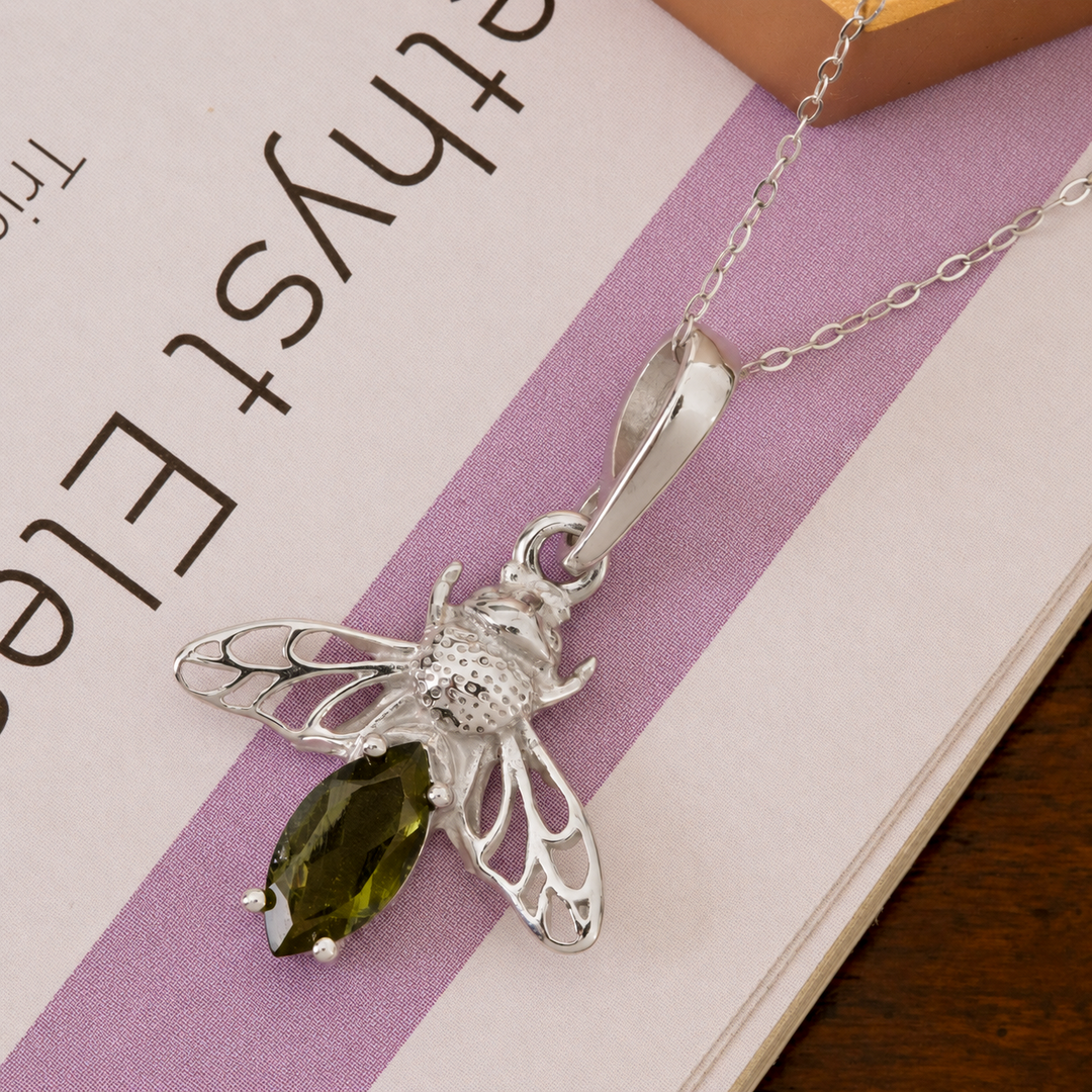 Moldavite Fairy & Bee Necklace in Sterling Silver