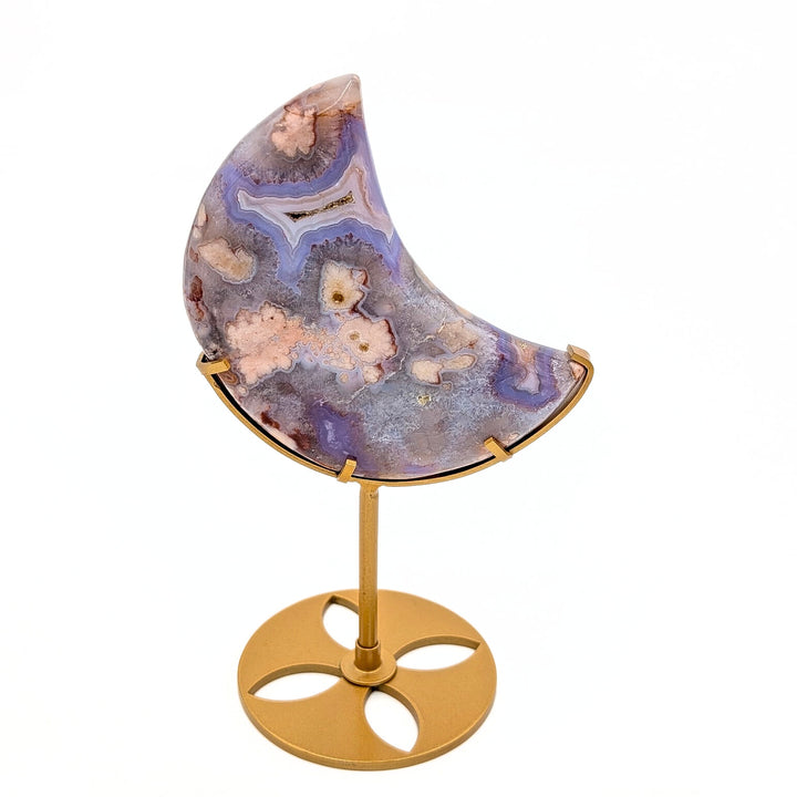 Flower Agate Crescent Moon on Metal Display Stand