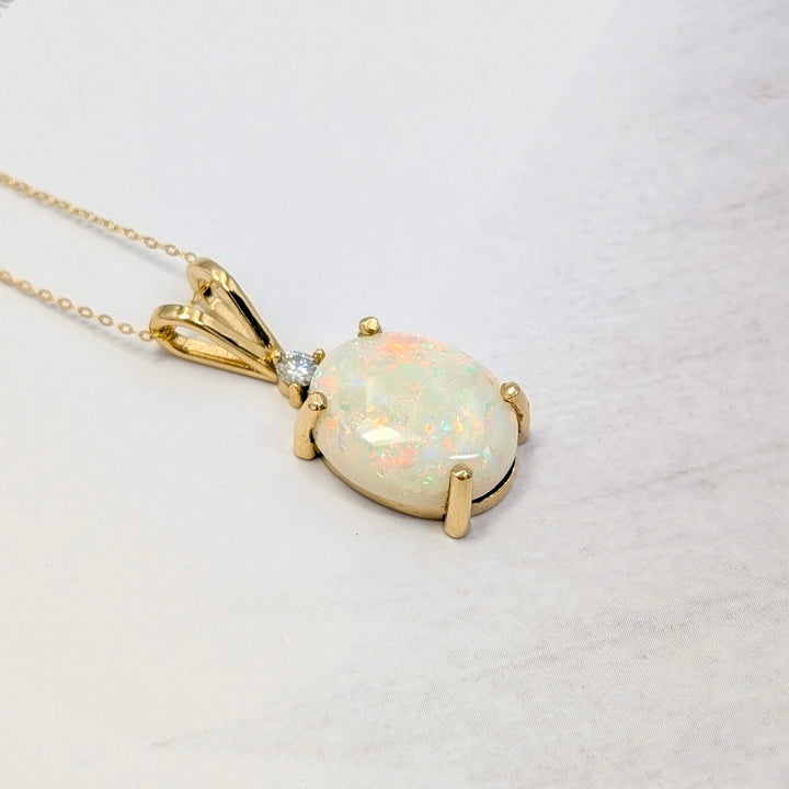 Australian White Opal & Diamond Necklace in 14K Yellow Gold