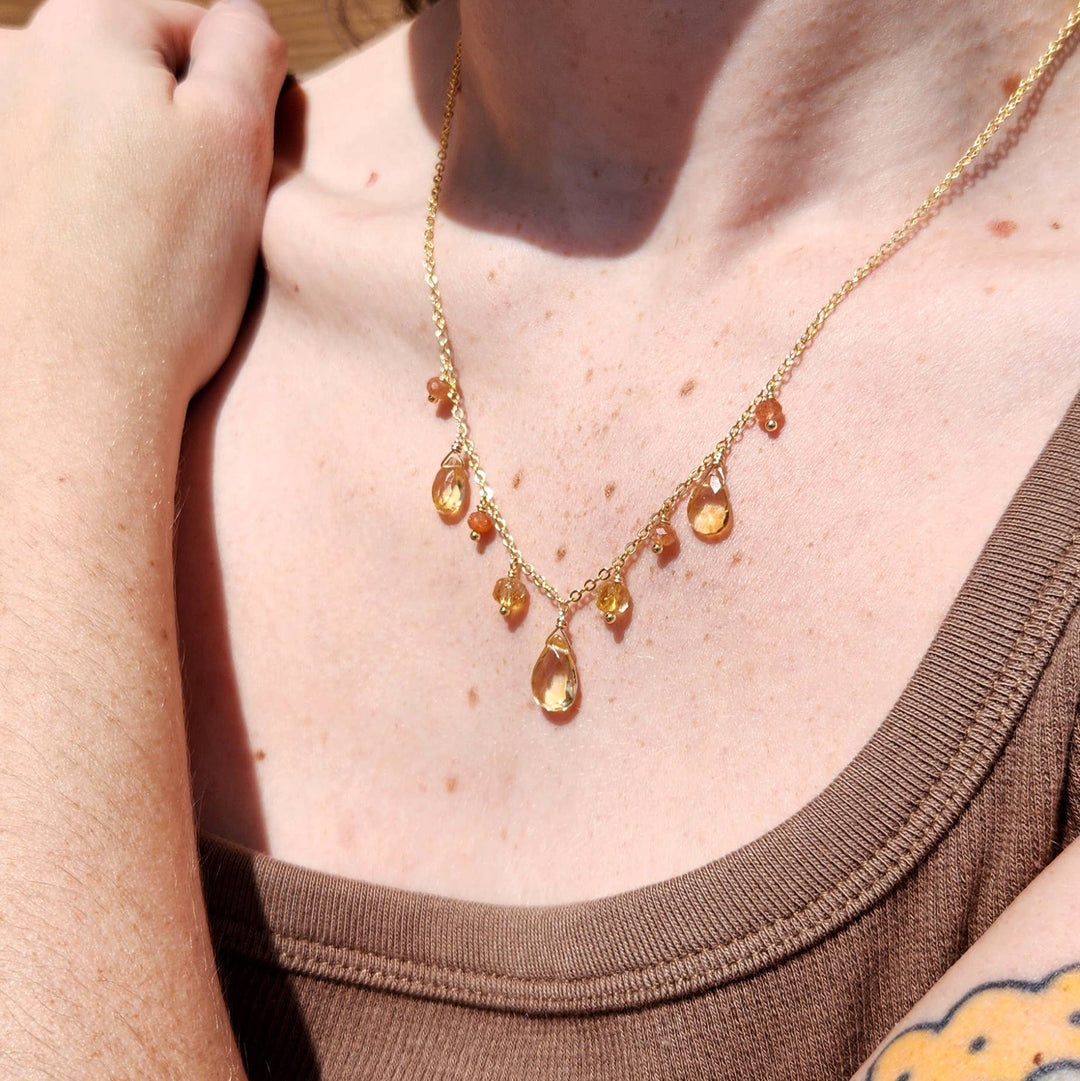Citrine & Sunstone Goddess Fringe Necklace in 18K Gold Over Brass