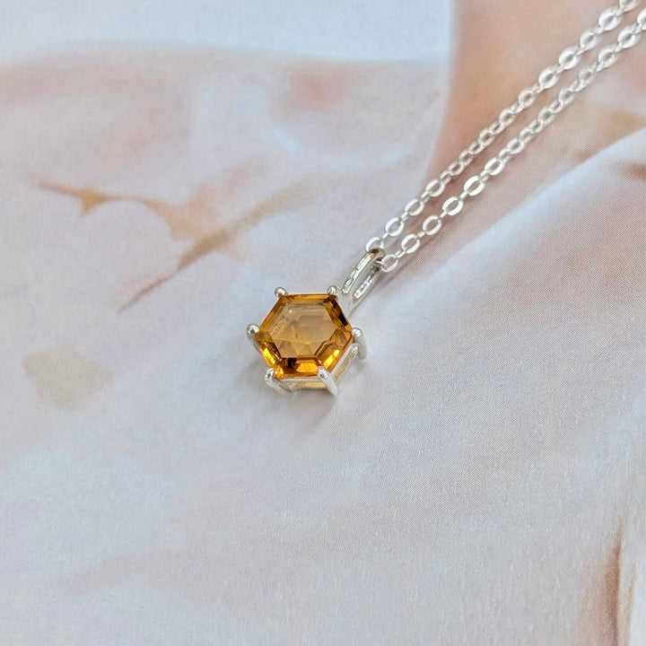 Hexagon-Cut Citrine Necklace Set in Sterling Silver