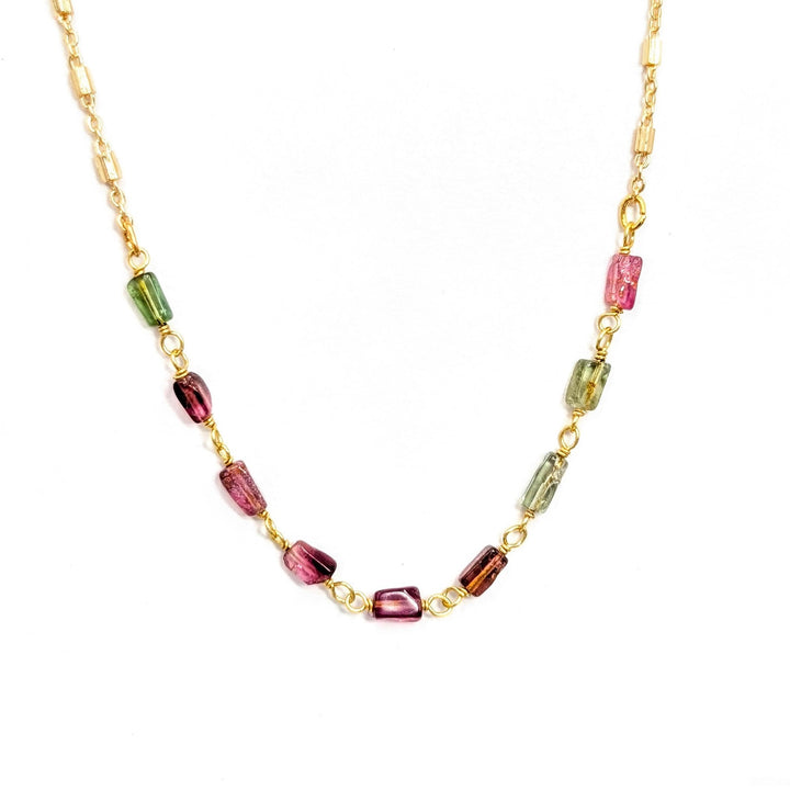 Dainty Green & Pink Tourmaline Necklace in Gold Fill