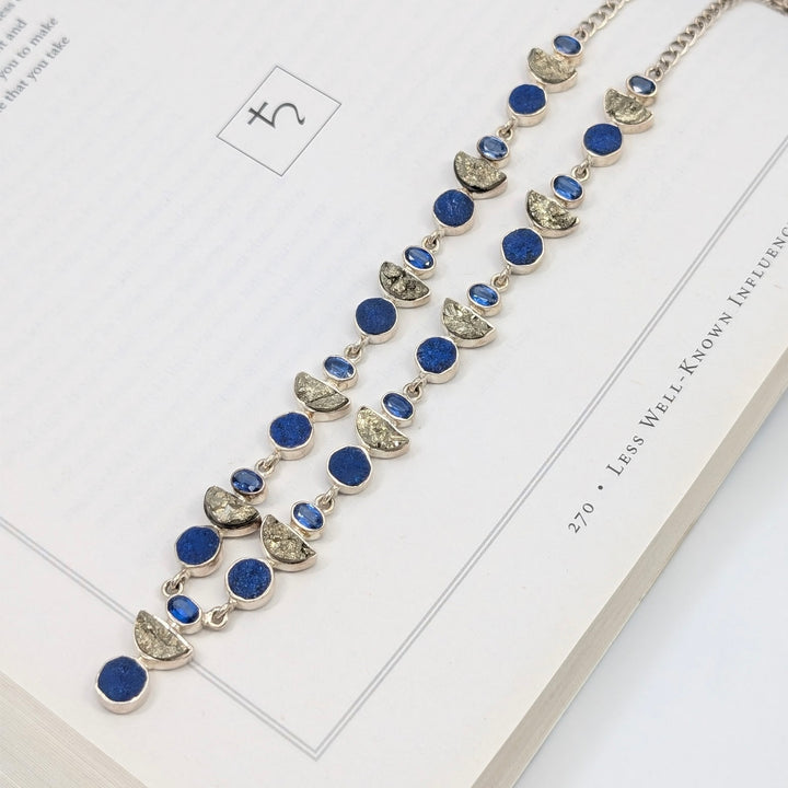 Rough Azurite, Pyrite & Blue Kyanite Necklace in Sterling Silver