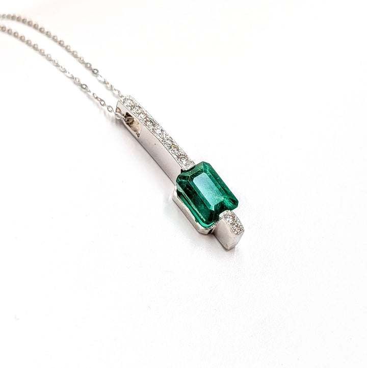 Vintage Emerald-Cut Emerald & Diamond Necklace in 14k White Gold