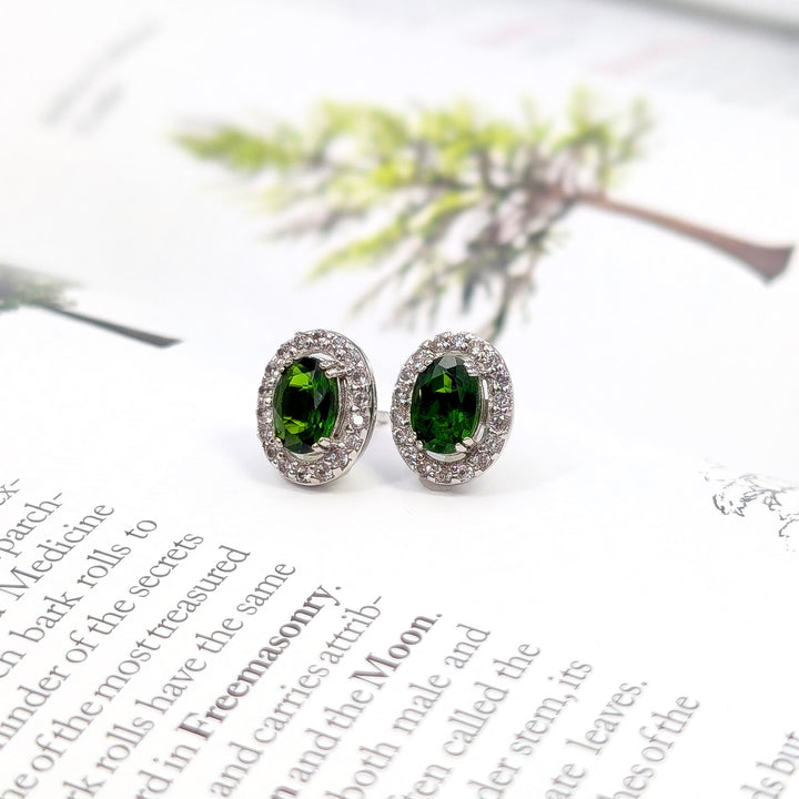 Chrome Diopside & White Zircon Halo Stud Earrings in Sterling Silver