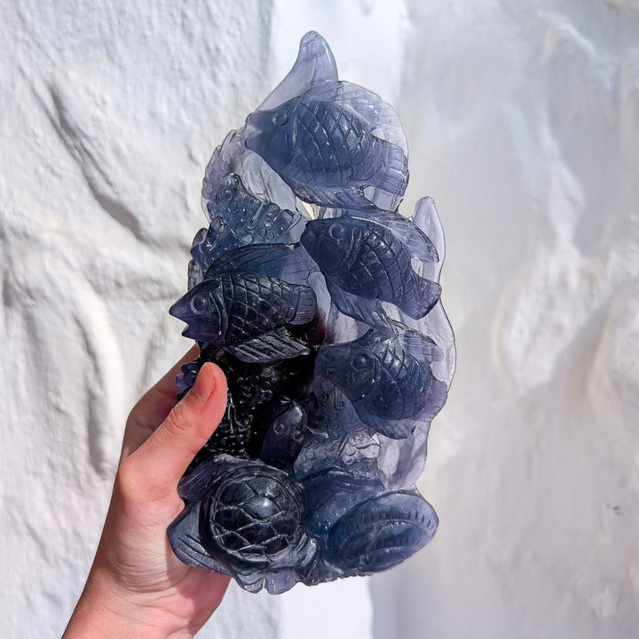 Rainbow Fluorite Fish & Sea Turtle Carved Sculpture