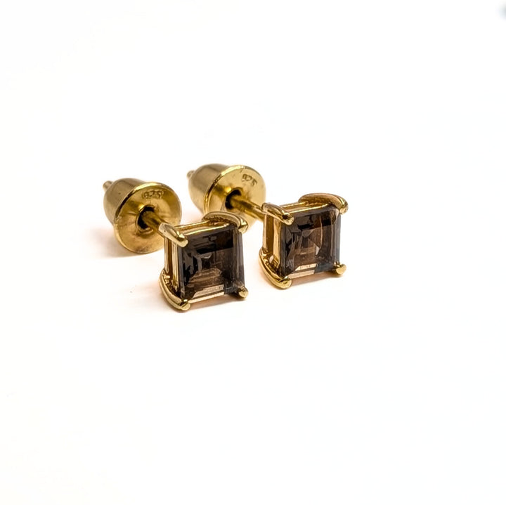 Square-Cut Smoky Quartz Stud Earrings in Gold Over Sterling Silver
