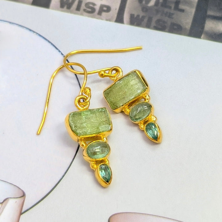 Green Kyanite Dangle Earrings in 18K Gold-Plated Sterling Silver