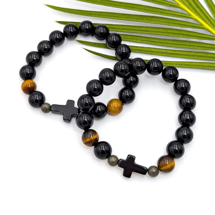 Black Obsidian, Tiger’s Eye & Pyrite Cross Protection Beaded Bracelet