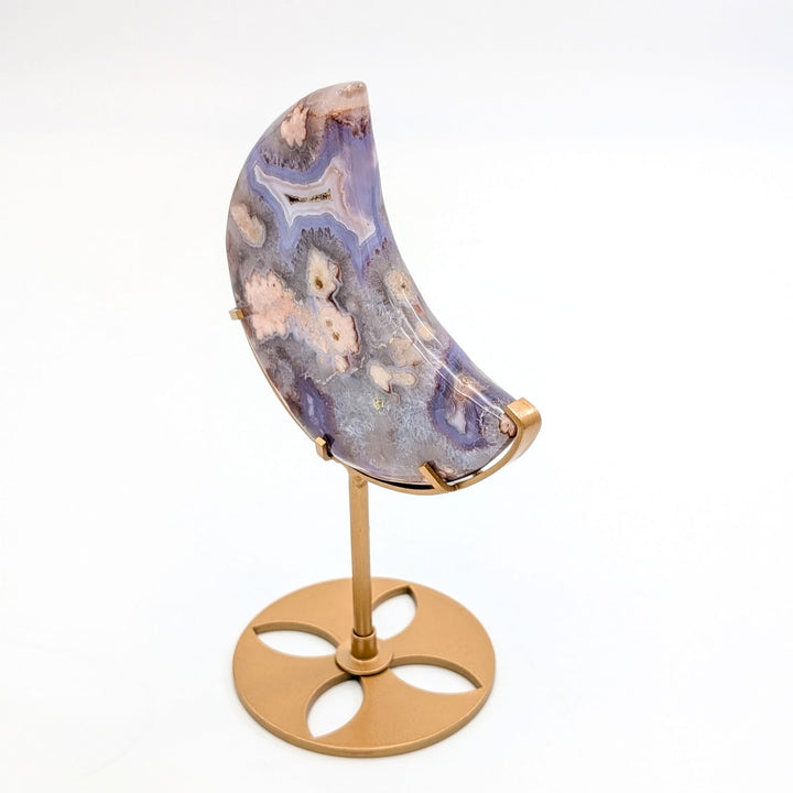 Flower Agate Crescent Moon on Metal Display Stand