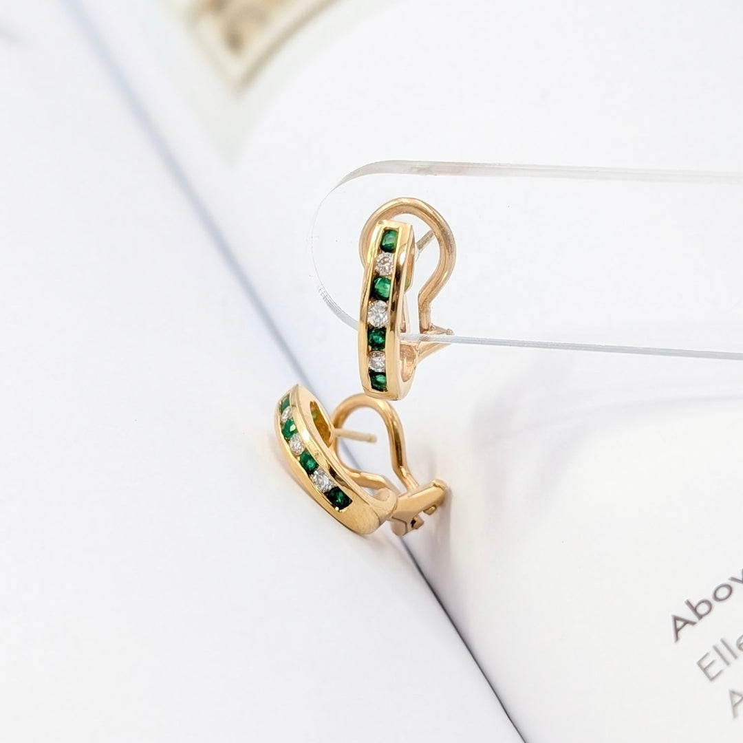 Vintage Emerald & Diamond J-Hoop Earrings in 14K Yellow Gold