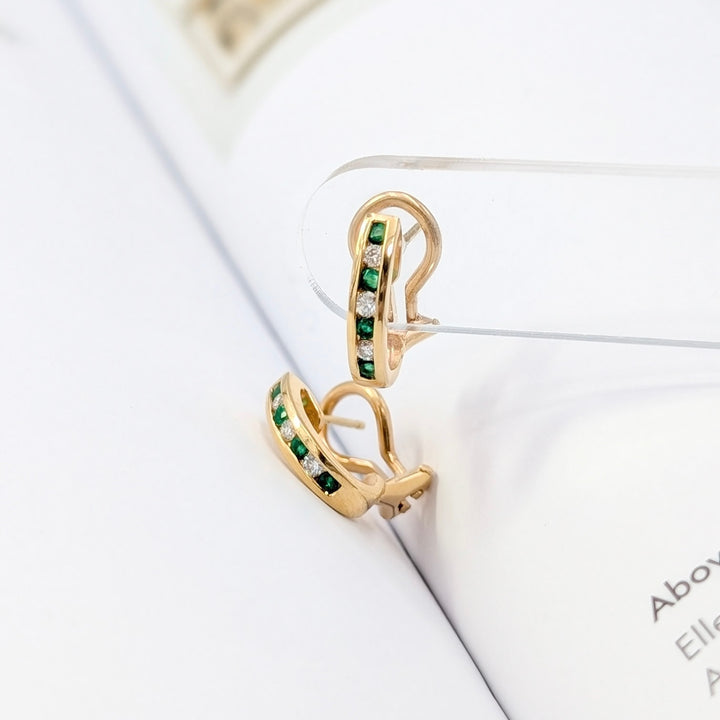 Vintage Emerald & Diamond J-Hoop Earrings in 14K Yellow Gold