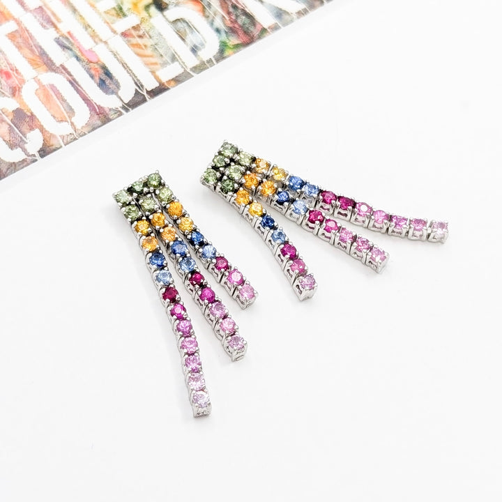 Vintage Multicolored Sapphire Fringe Dangle Earrings in 14K White Gold