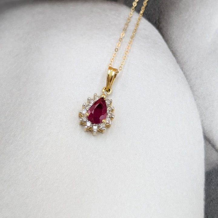 Vintage Pear-Cut Ruby & Diamond Necklace Set in 14k Yellow Gold