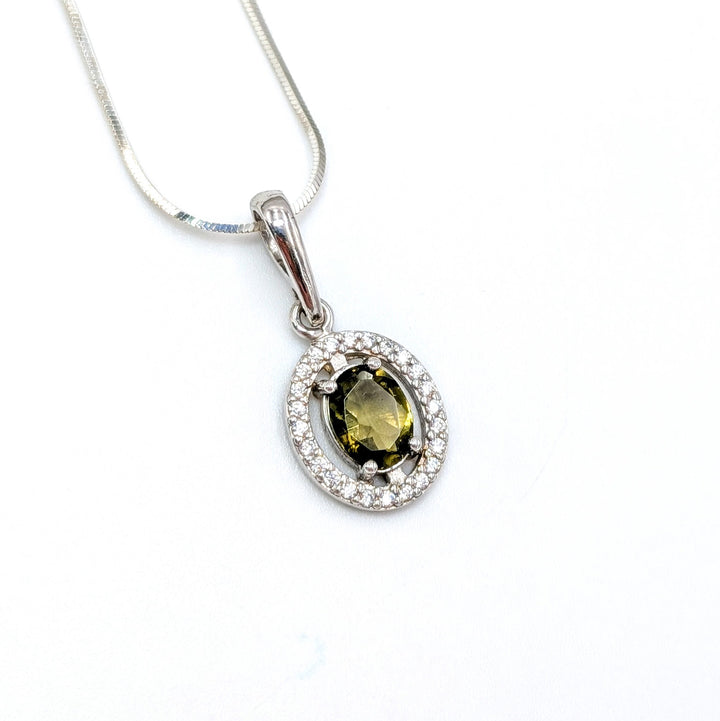 Moldavite & Cubic Zirconia Necklace in Sterling Silver