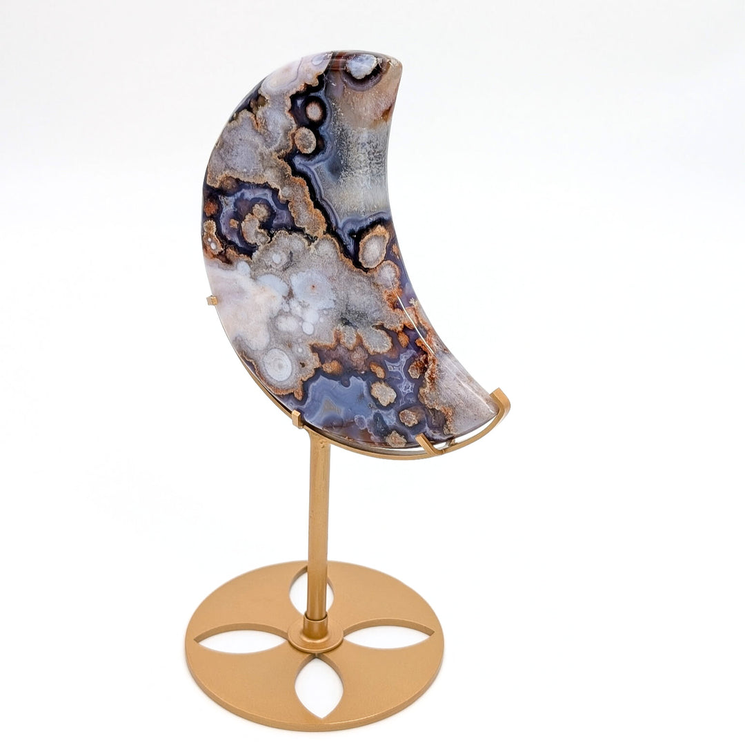 Flower Agate Crescent Moon on Metal Display Stand