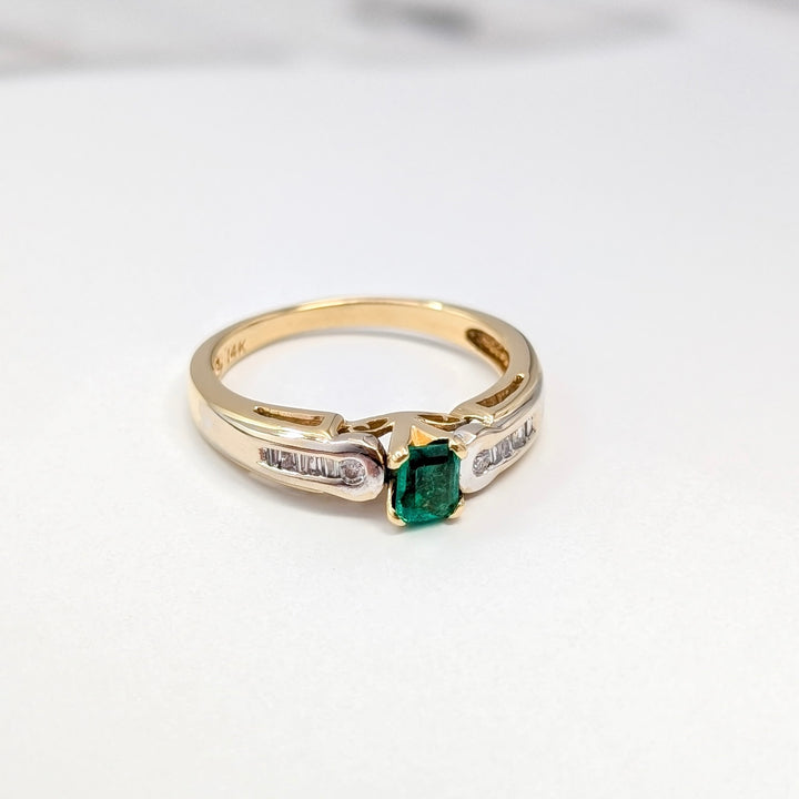 Vintage Emerald & Diamond Ring in 14K White & Yellow Gold