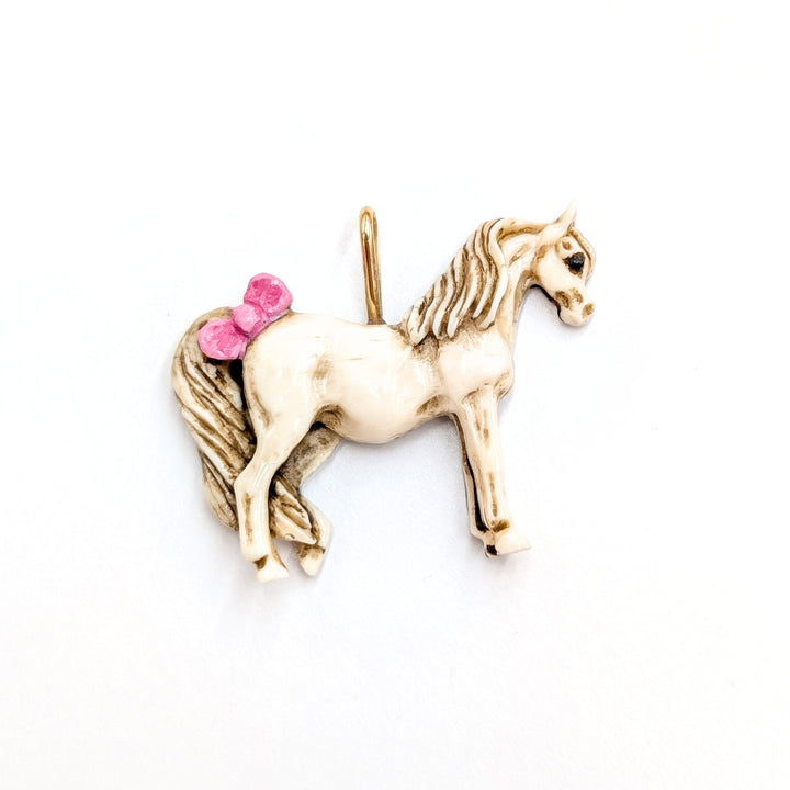 Vintage Enamel Bone Horse Pendant in Sterling Silver & 14k Yellow Gold