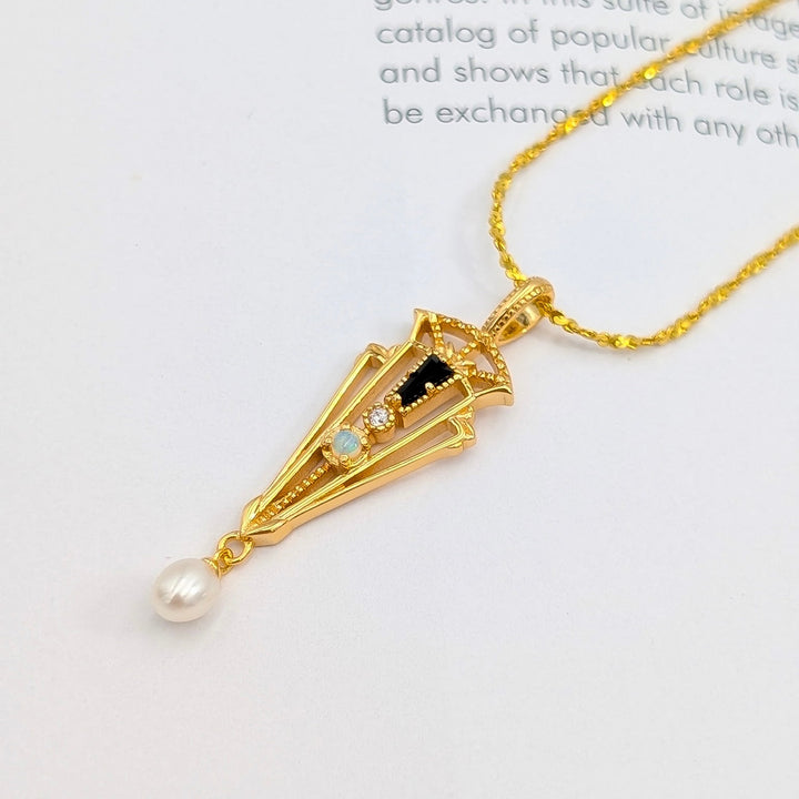 Black Zircon, Opal, & Freshwater Pearl Necklace in Gold over Sterling Silver