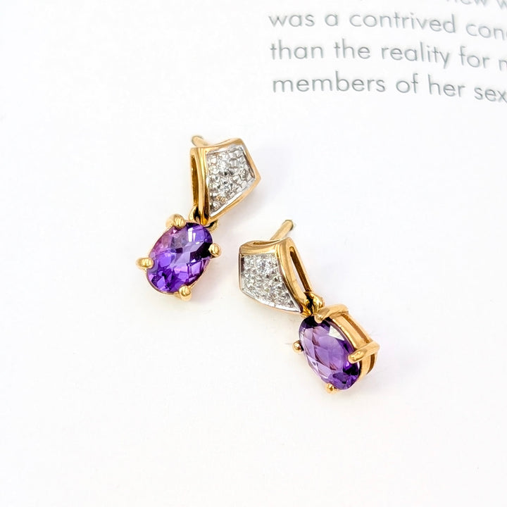 Vintage Amethyst & Diamond Drop Earrings in 14K Yellow Gold