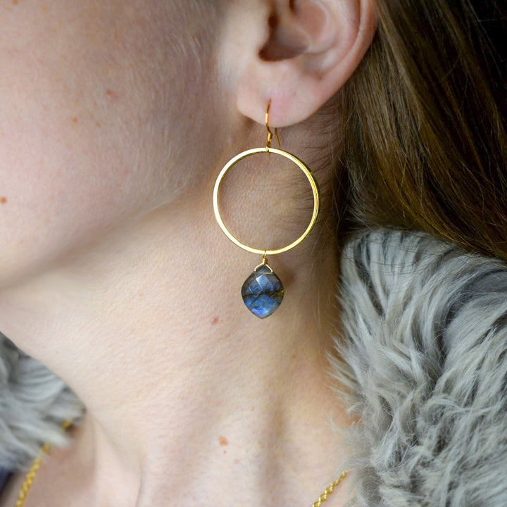 Labradorite Hoop Earrings in 18K Gold Over Brass