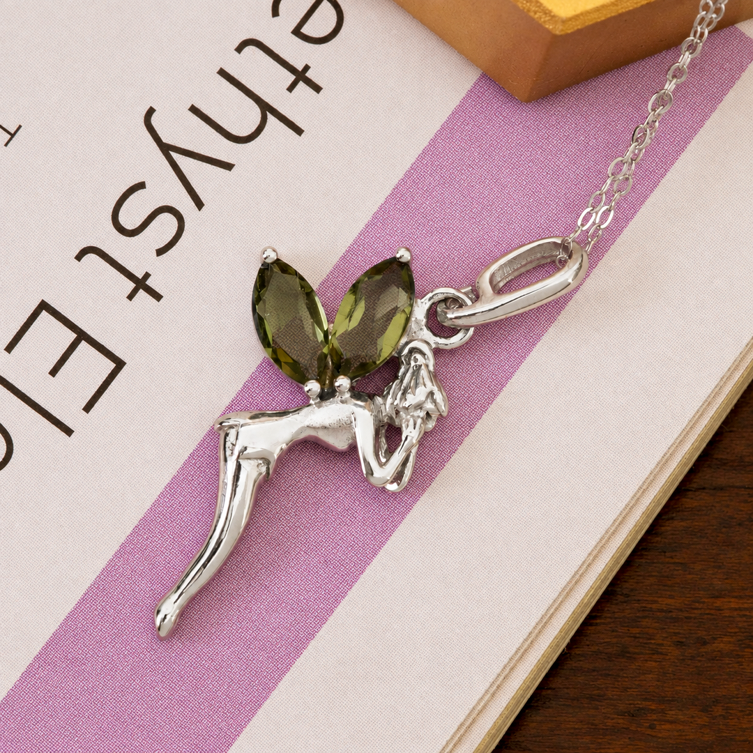 Moldavite Fairy & Bee Necklace in Sterling Silver