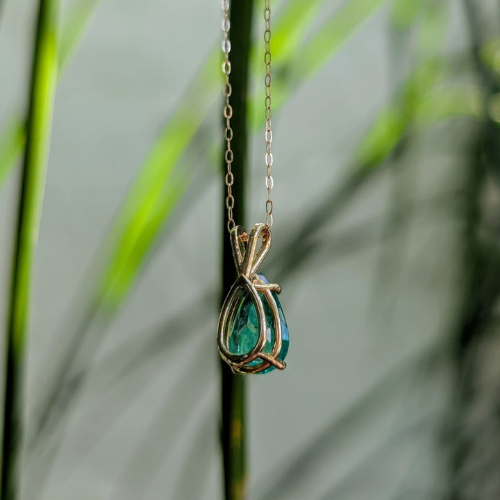 Pear cut Brazilian Emerald Necklace in 14k Yellow Gold