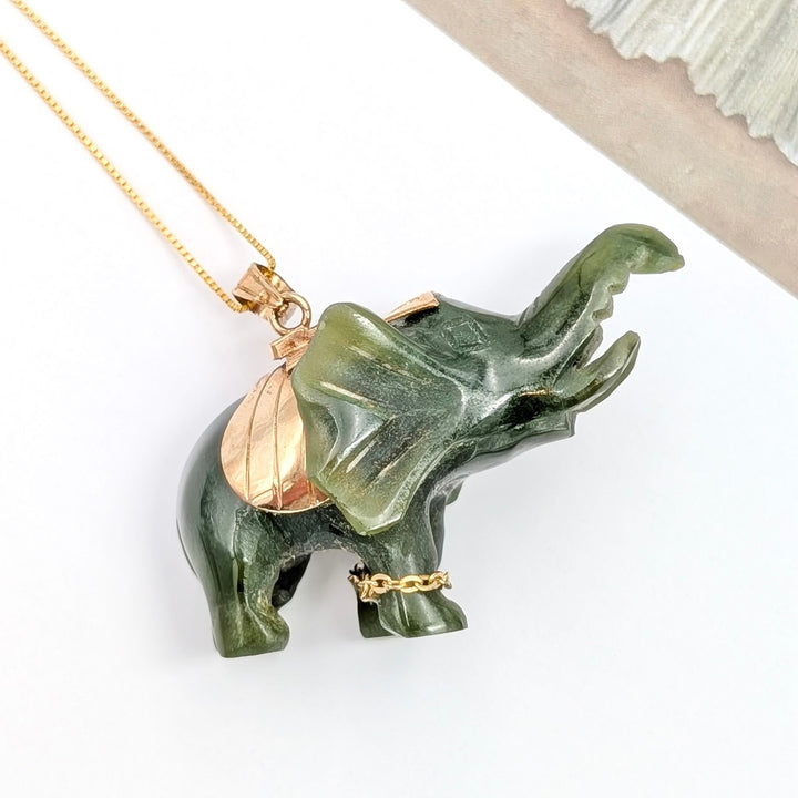 Vintage Hand Carved Canadian Jade Elephant Necklace in Gold Over Sterling Silver