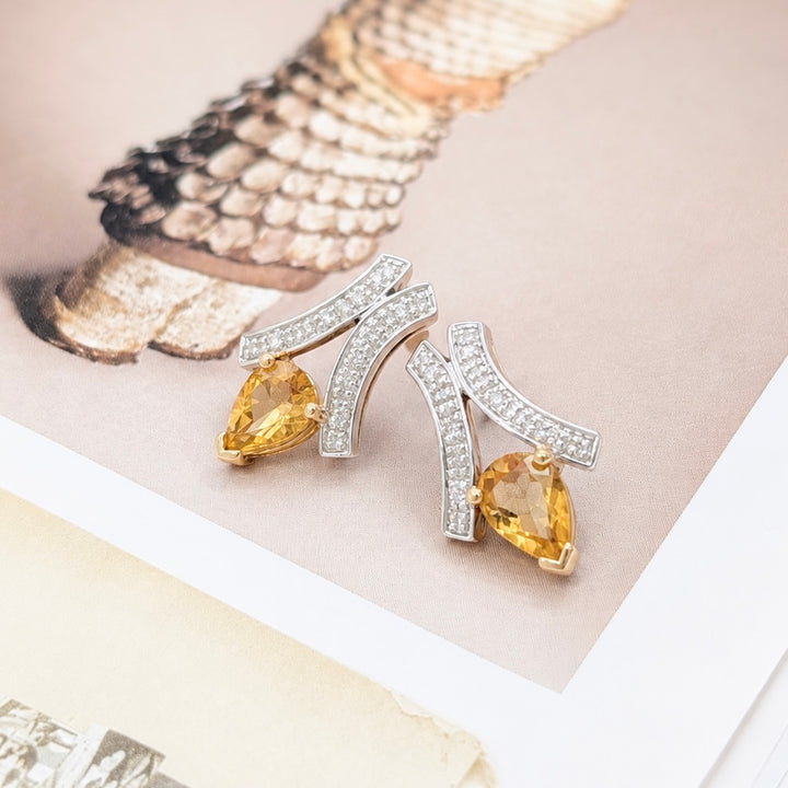 Vintage Citrine & Diamond Earrings in 14K Two-Tone Gold