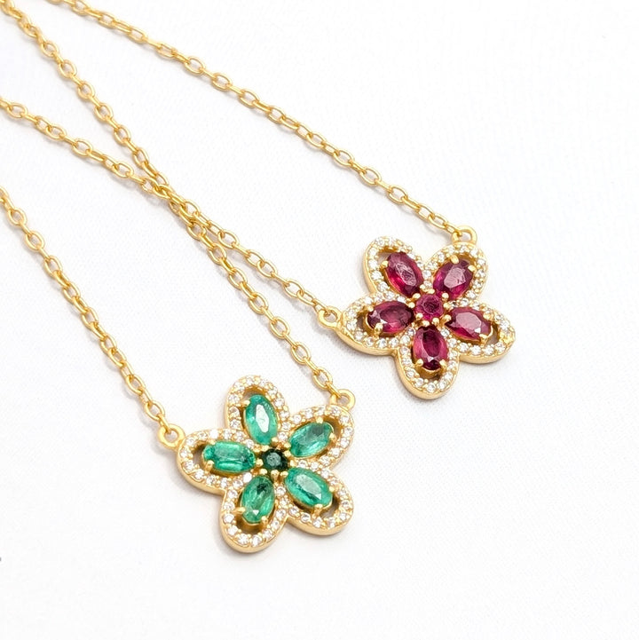 Flower Gemstone Necklace in Gold over Sterling Silver