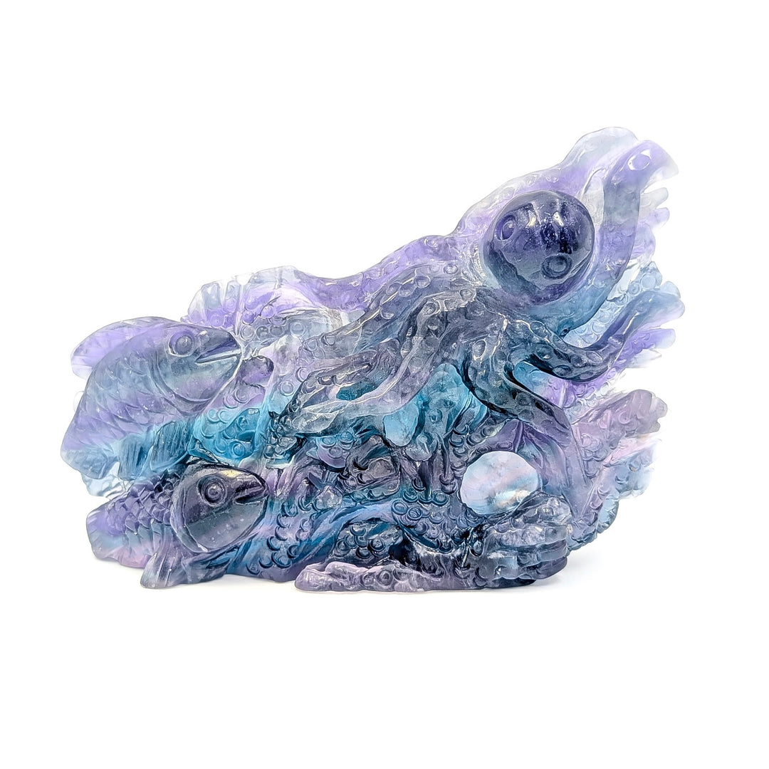 Rainbow Fluorite Octopus & Fish Ocean Carved Sculpture