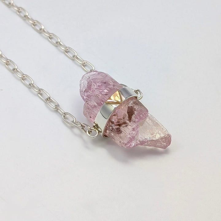 Raw Kunzite Necklace in Sterling Silver with 14K Gold Triangle Accent